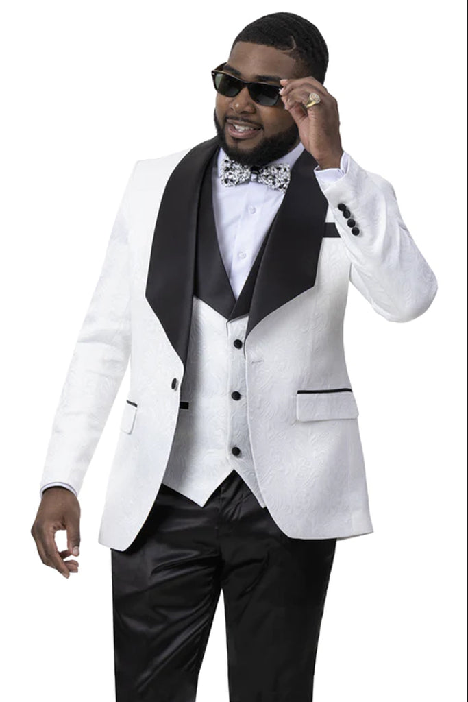 Mens Vested Square Shawl Paisley Prom & Wedding Tuxedo in White & Black
