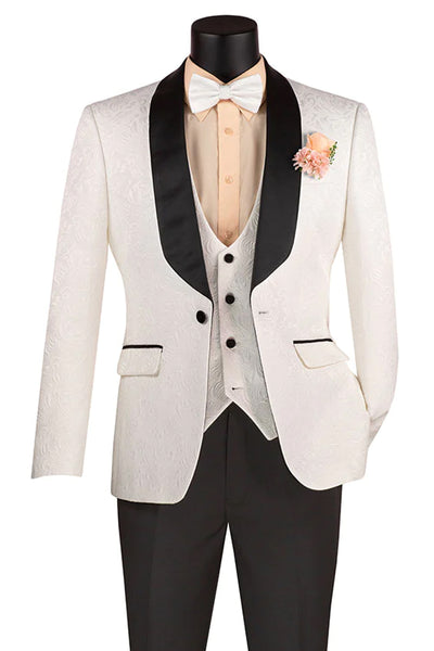 Mens Vested Square Shawl Paisley Prom & Wedding Tuxedo in White & Black