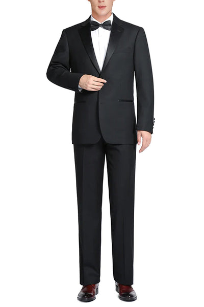 Mens Traditional Two Button Slim Fit Notch Lapel Wool Tuxedo Package in Black